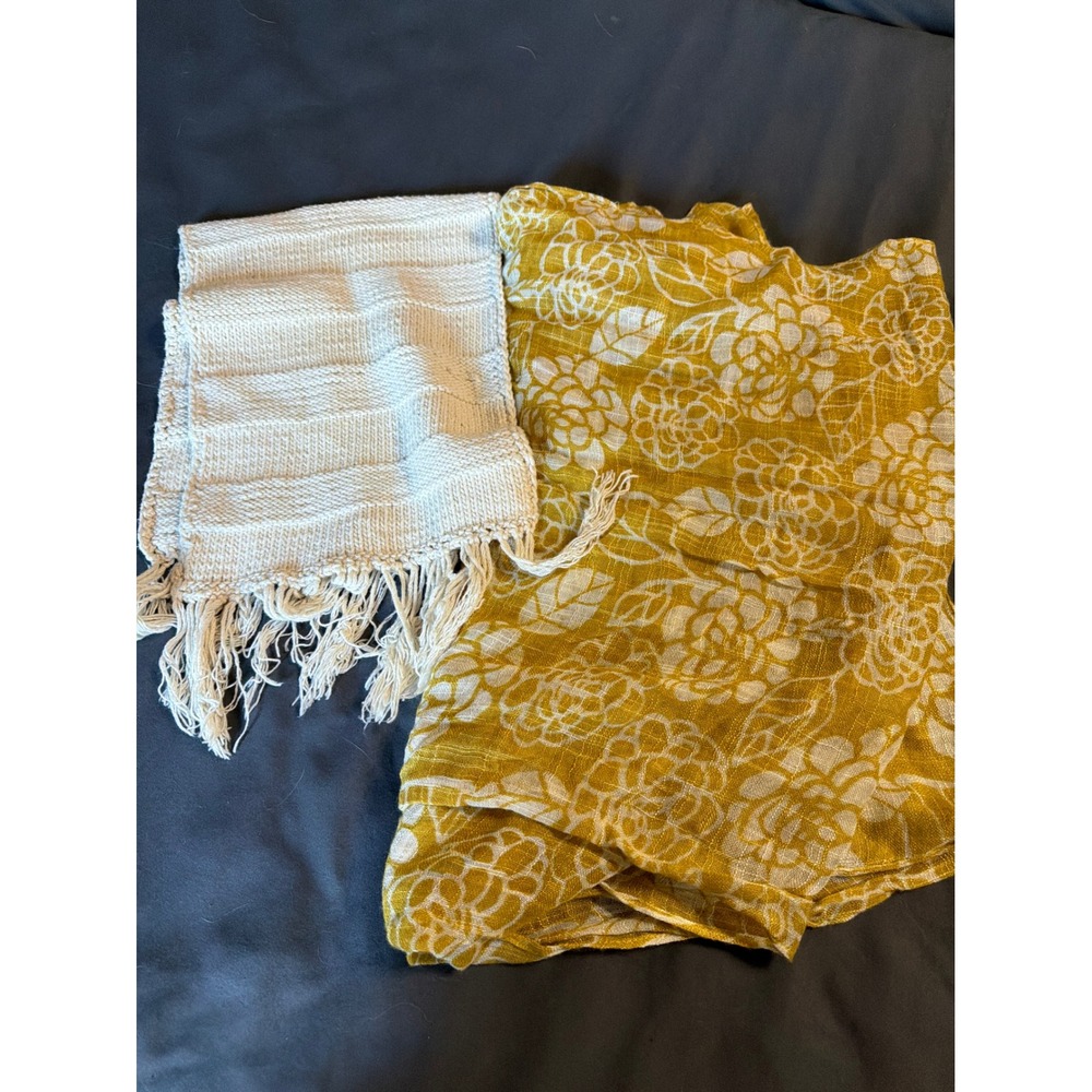 Scarf Bundle Cream Chunky Knit Fringe & Mustard Yellow Floral Lightweight Scarf